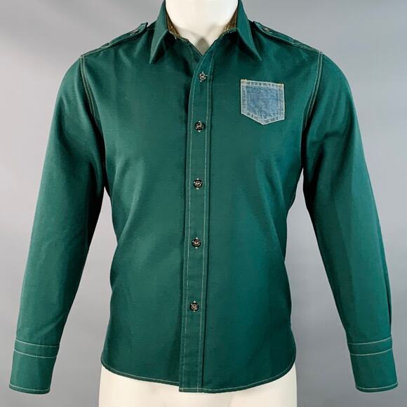 MAISON MARGIELA S Green Blue Contrast Trim Epaulets One Pocket Long Sleeve Shirt - Picture 1 of 10
